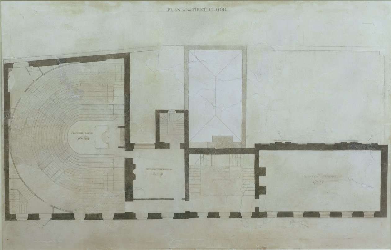 Plannen van de eerste verdieping van 21 Albemarle Street na de eerste wijzigingen aan het huis na de overname door de Royal Institution, ca.1800 door English School