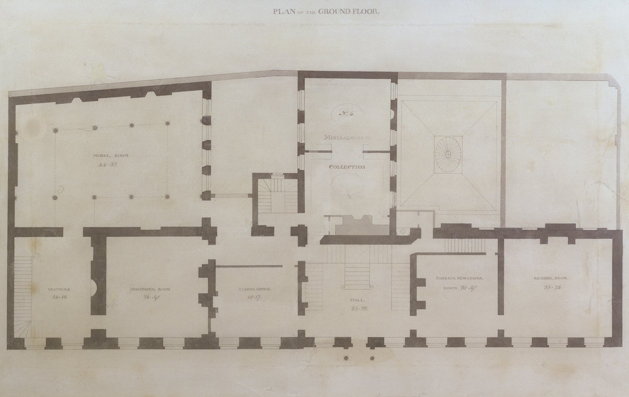 Plannen van de begane grond van 21 Albemarle Street na de eerste wijzigingen aan het huis na de overname door de Royal Institution, ca.1800 door English School