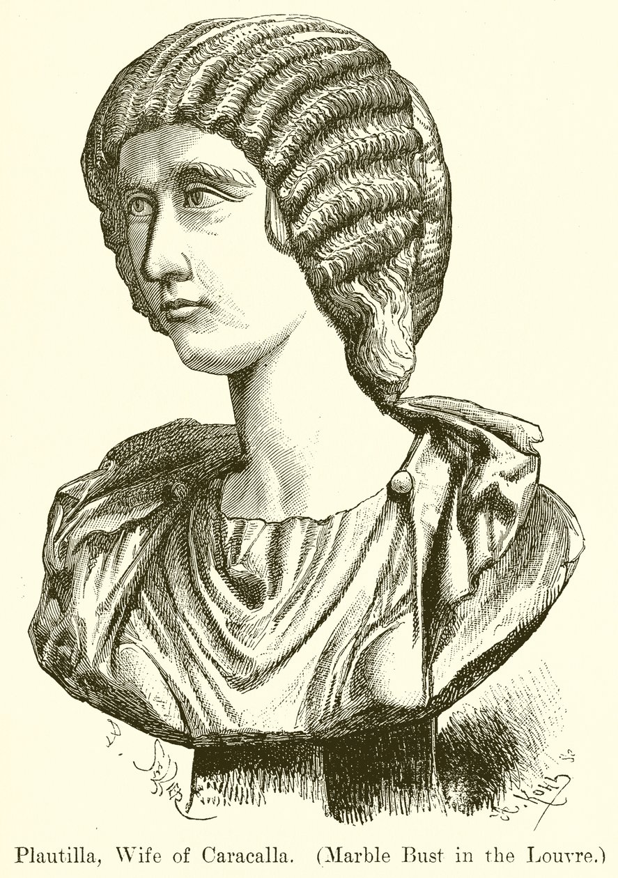 Plautilla, vrouw van Caracalla. (Marmeren buste in het Louvre) (gravure) door English School