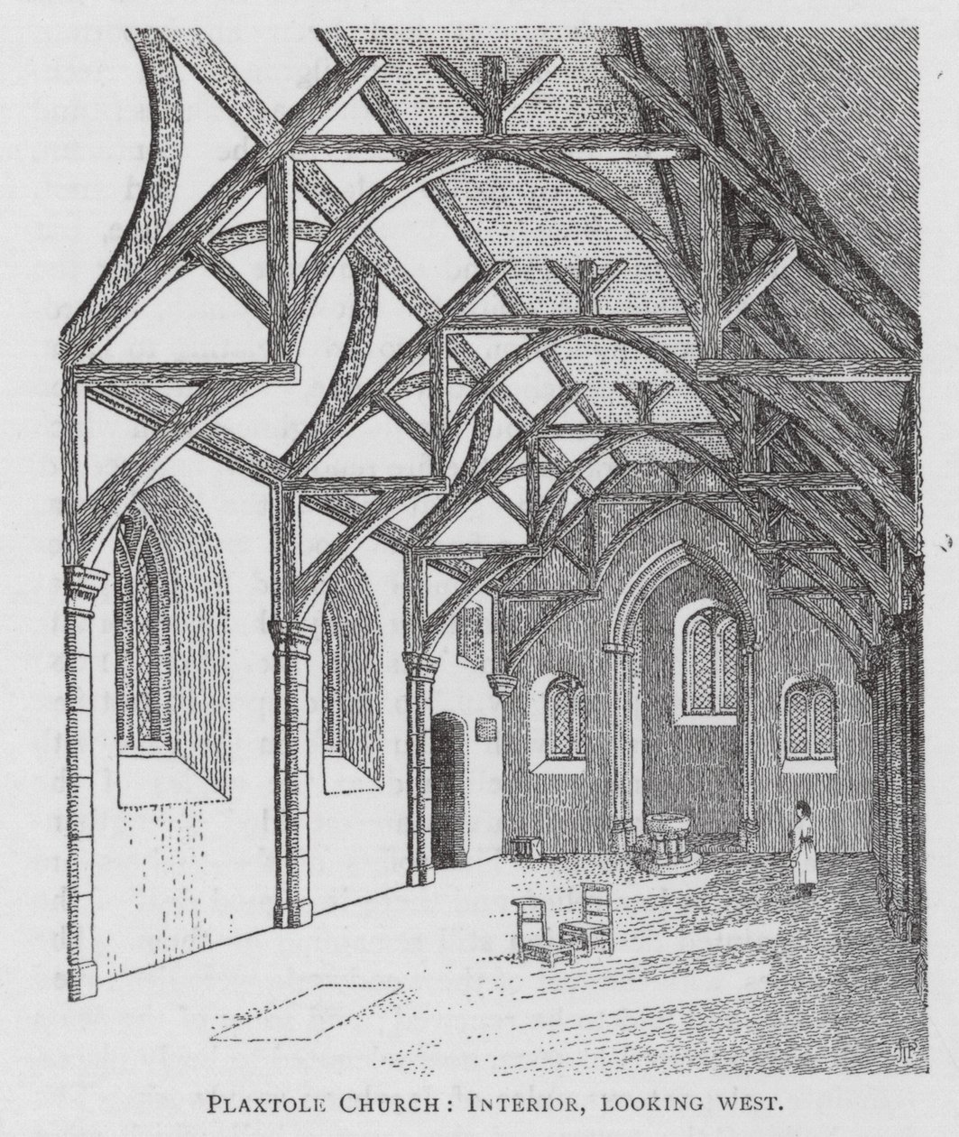 Plaxtole Kerk, interieur, kijkend naar het westen (litho) door English School