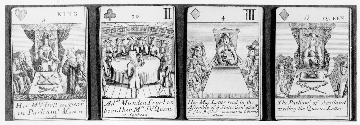 Speelkaarten die gebeurtenissen uitbeelden aan het begin van het bewind van koningin Anne, uit een set ter herdenking van de Spaanse Successieoorlog (1702-13) door English School