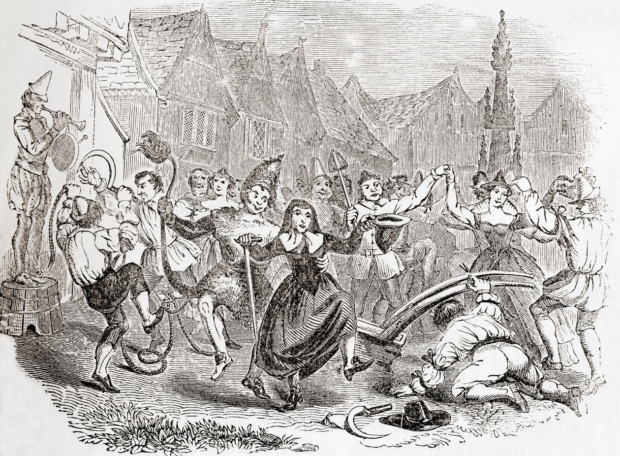 Plough Monday vieringen, de dans van Bessie en de Clown, uit Old England: A Pictorial Museum, pub. 1847 door English School