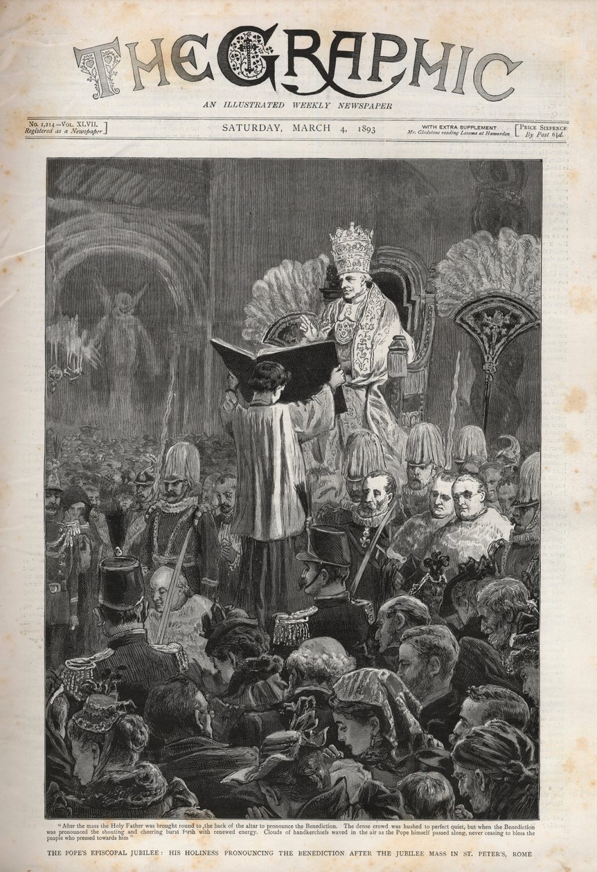 Paus Leo XIII (Leon XIII) Het bisschoppelijk jubileum van de paus, Zijne Heiligheid spreekt de zegen uit na de jubileummis in Sint-Pieter, Rome - Illustratie voor The Graphic, 4 maart 1893. door English School