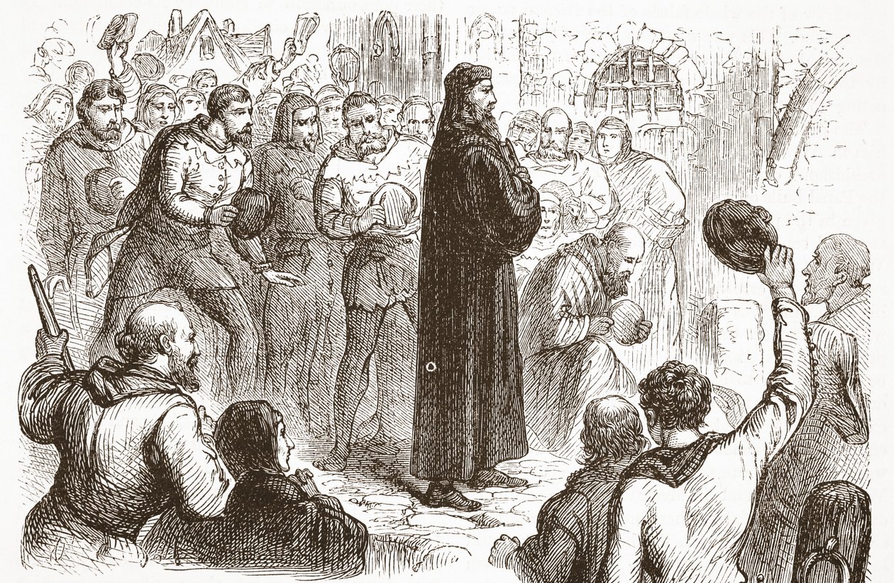 Populaire demonstratie bij Lambeth Palace ten gunste van Wicliffe, illustratie uit The History of Protestantism door James Aitken Wylie (1808-1890), gepubliceerd 1878 door English School