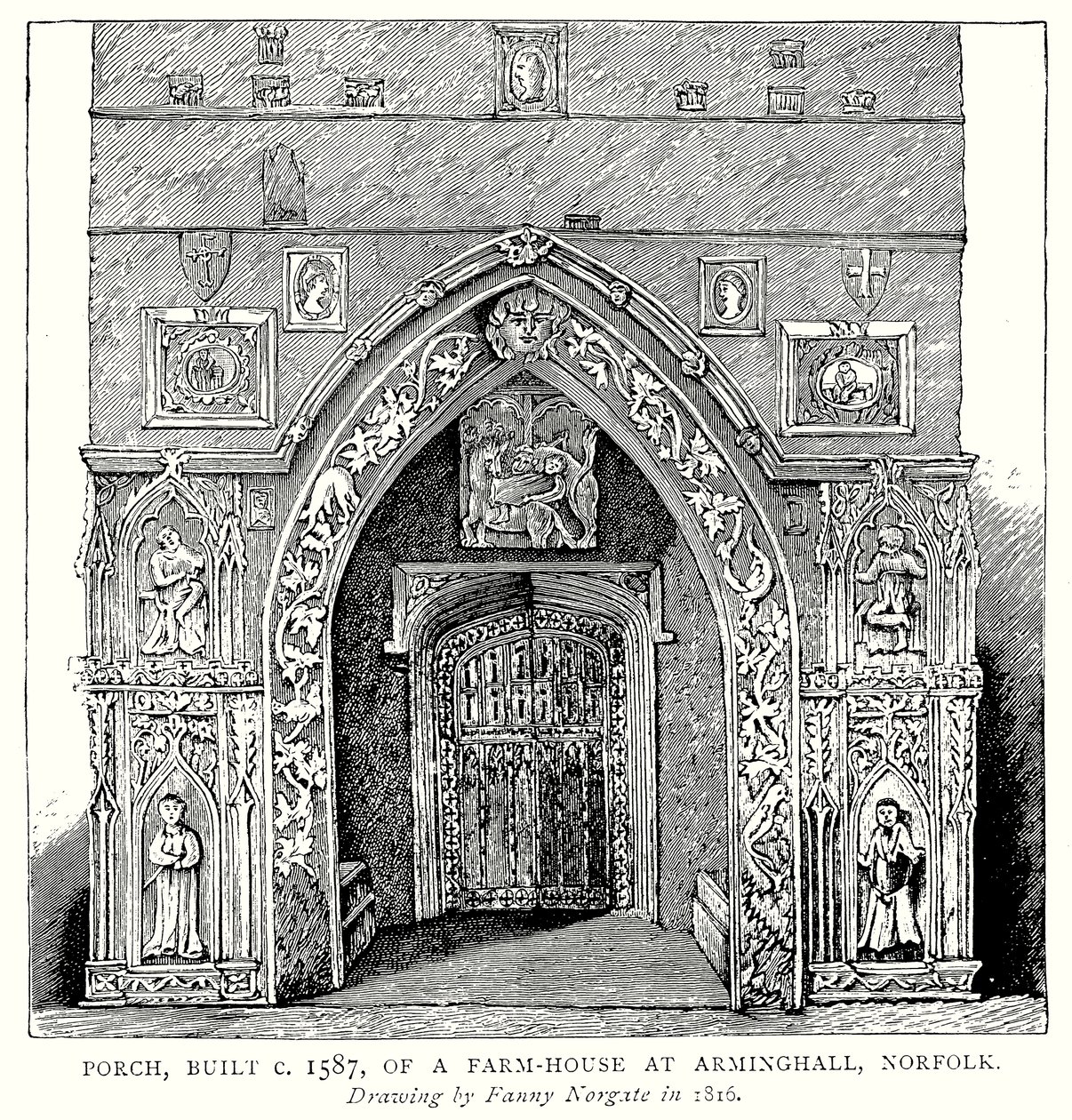Portiek, gebouwd rond 1587, van een boerderij in Arminghall, Norfolk (gravure) door English School