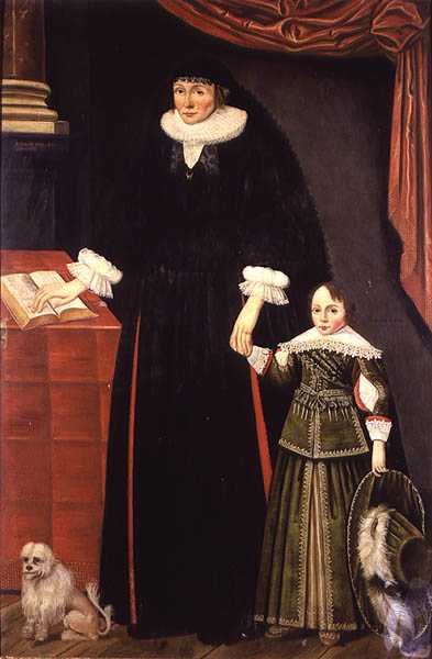 Portret van een dame en een jonge jongen, misschien Anne Bonham en haar zoon Hugh door English School