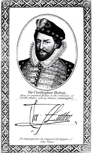 Portret en handtekening van Sir Christopher Hatton (1540-91) door English School
