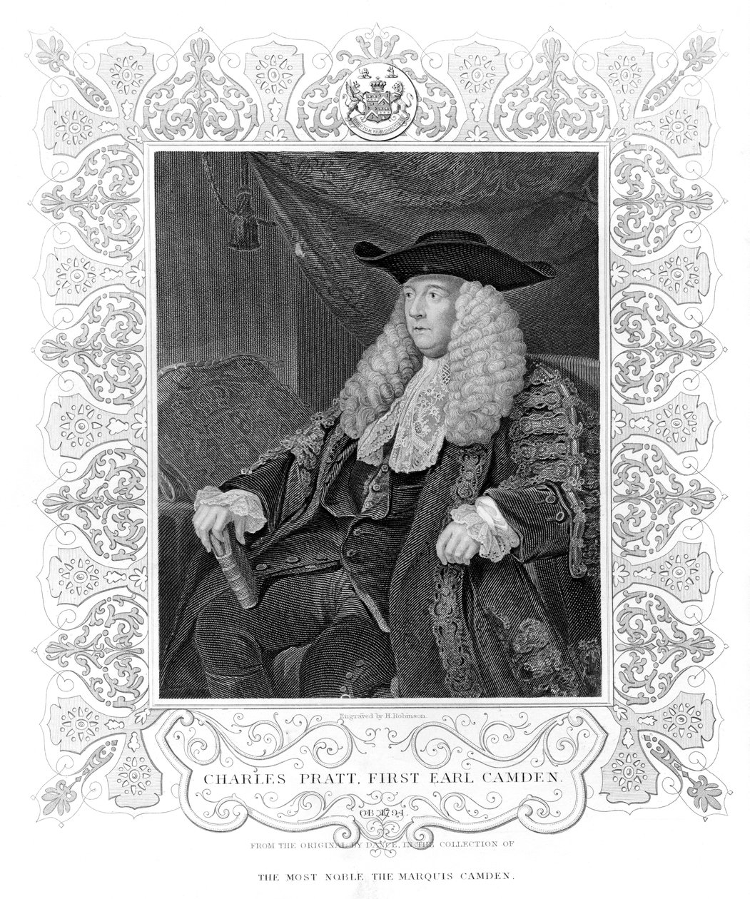 Portret van Charles Pratt, 1e Graaf Camden, gegraveerd door H. Robinson door English School