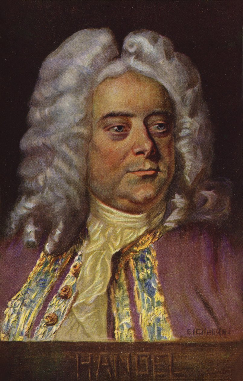 Portret van George Friedrich Händel (kleurenlitho) door English School