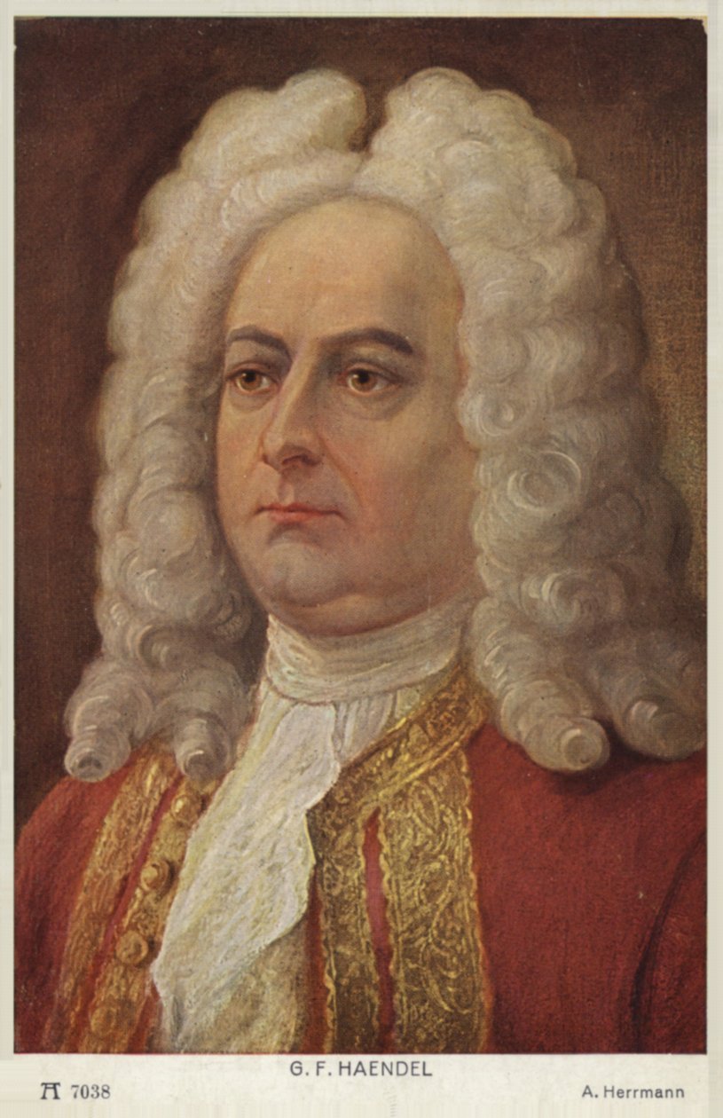 Portret van George Friedrich Händel (kleurenlitho) door English School