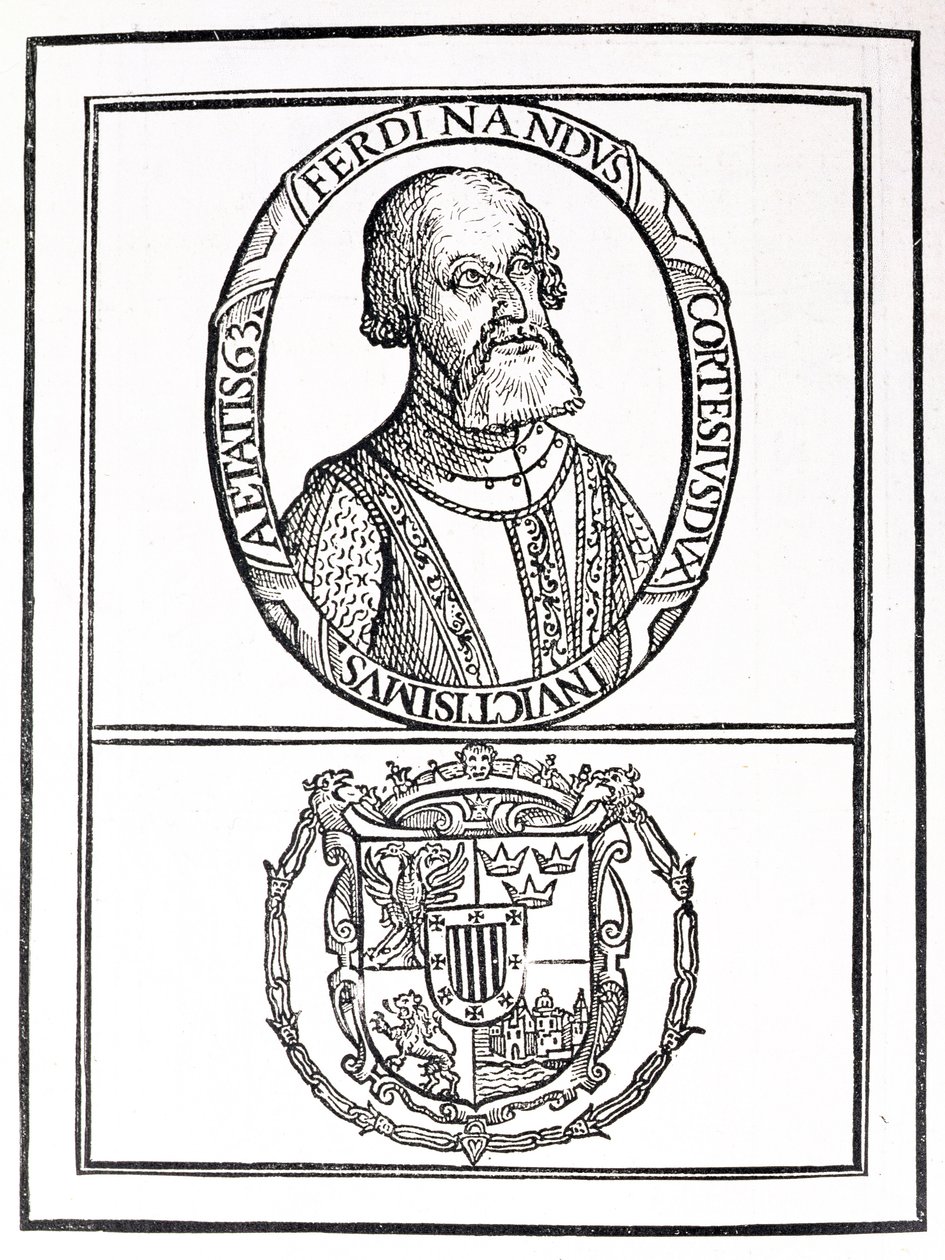 Portret van Hernado Cortes (1485-1547) en zijn wapens, uit 