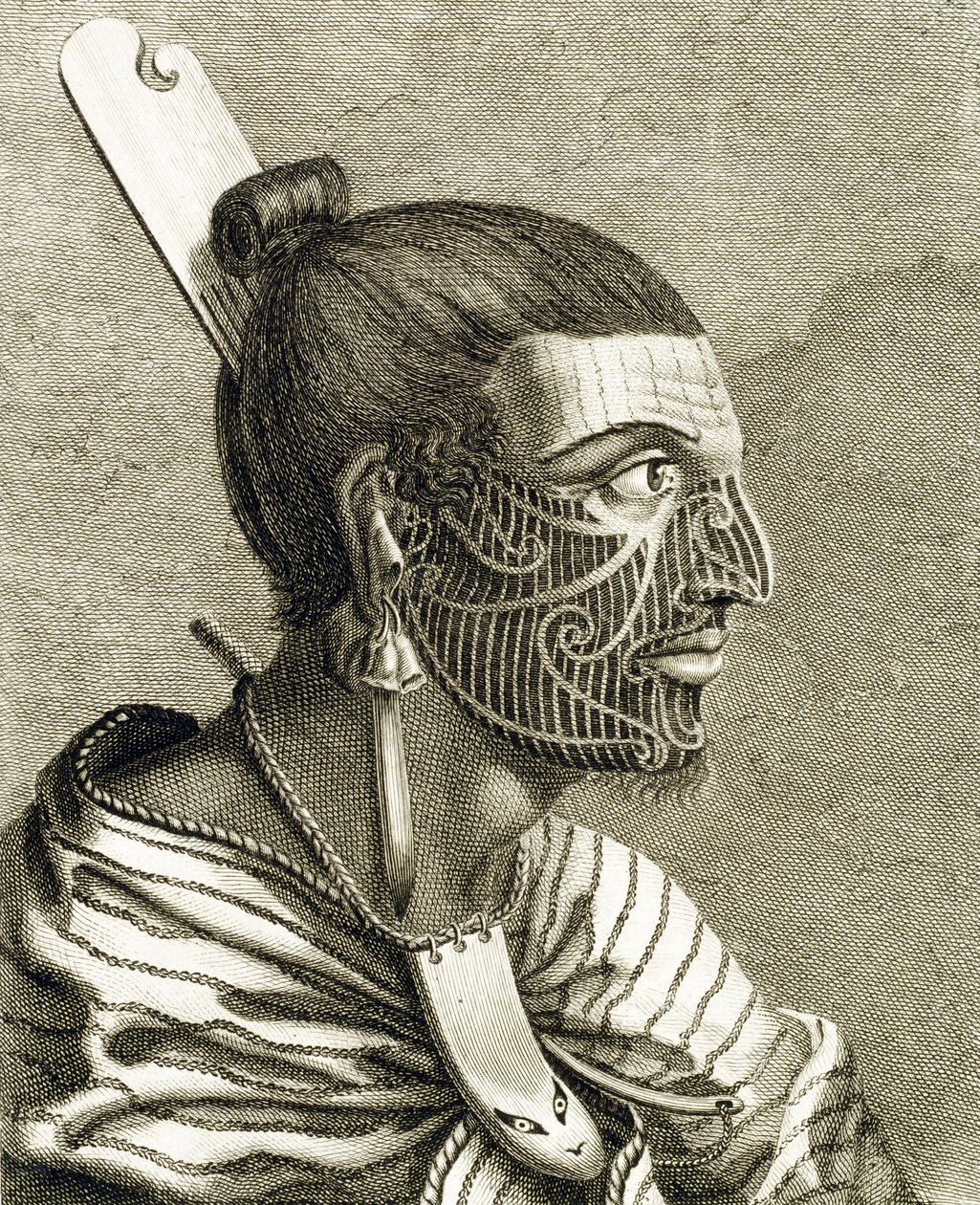 Portret van Maori Man met Ta Moko Tattoos door English School