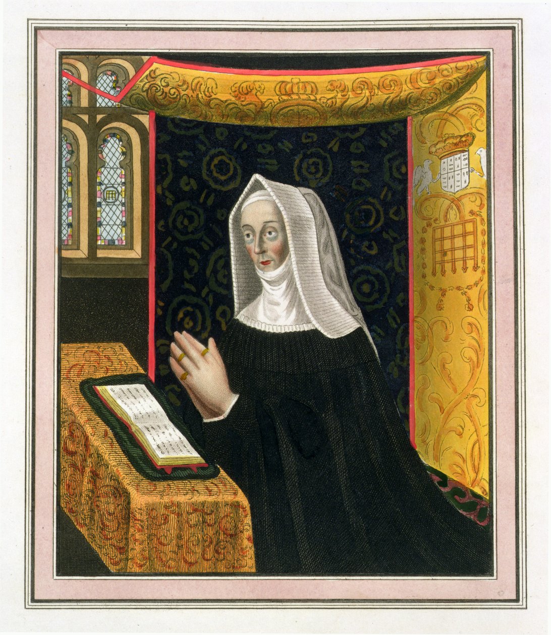 Portret van Margaret Beaufort, gravin van Richmond en Derby (1443-1509), oprichtster van St. Johns College, Cambridge, uit The History of Cambridge, uitgegeven door R. Ackermann, 1815 door English School