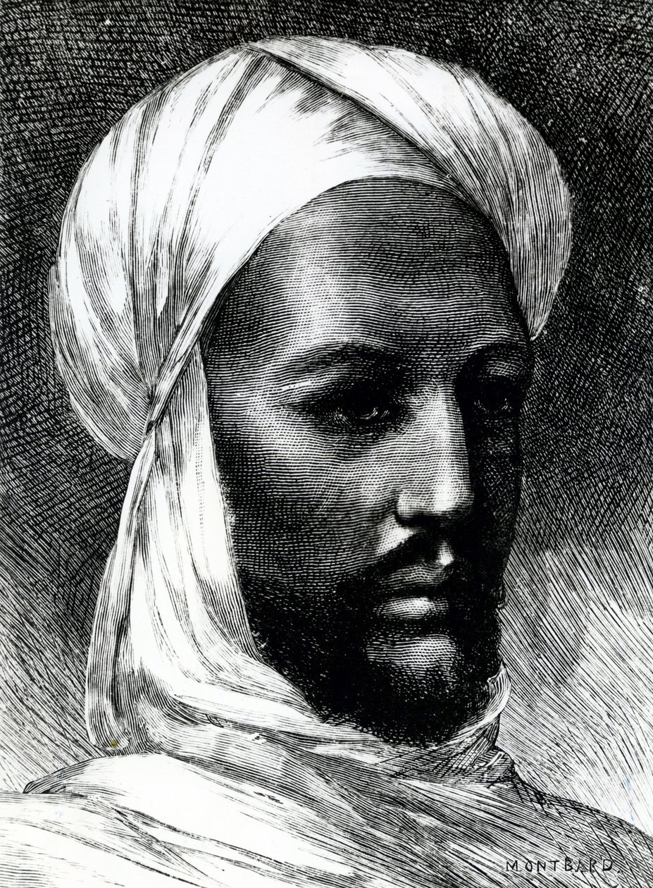 Portret van Muhammad Ahmad (1844-1885), bekend als Mahdi, leider van derwisjen in oorlog tegen de Britten in 1884, koloniale oorlogen, Soedan door English School