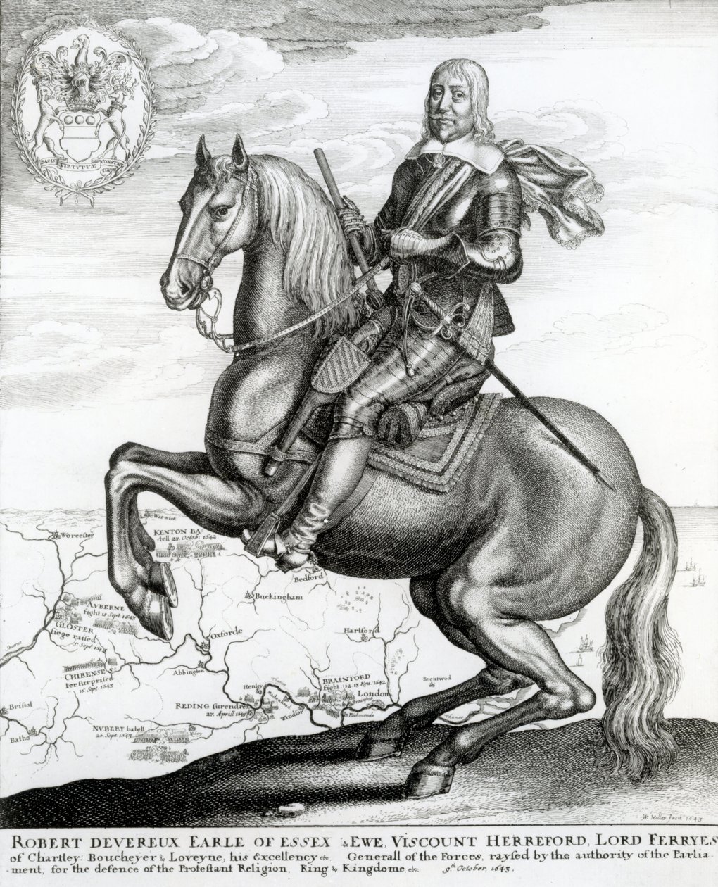 Portret van Robert Devereux te paard door English School