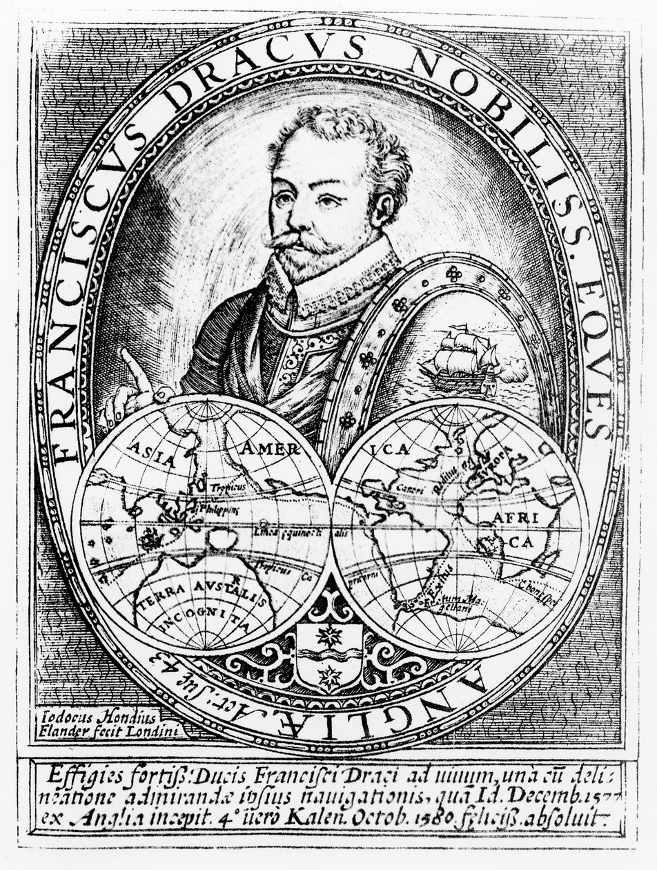 Portret van Sir Francis Drake op de Leeftijd van 43, gegraveerd door Jodocus Hondius door English School