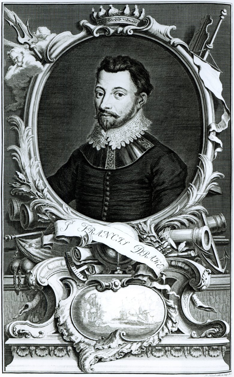 Portret van Sir Francis Drake (c.1540-96) gegraveerd door Jacobus Houbraken (1698-1780) (gravure) door English School