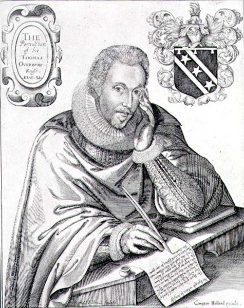 Portret van Sir Thomas Overbury die zijn grafschrift schrijft, gegraveerd door Renold Elstrack 1613 door English School