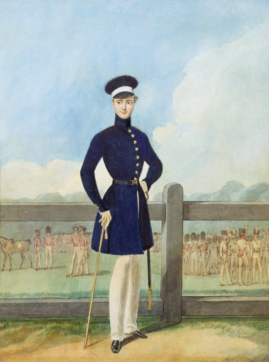 Portret van een Britse officier in ongedragen rokjas en veldpet door English School