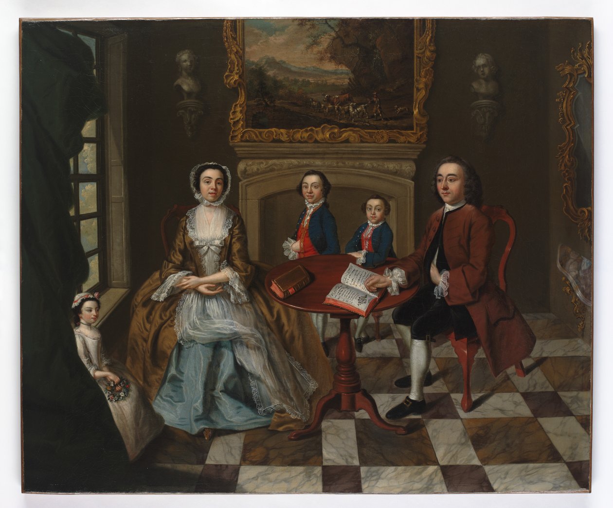 Portret van een familie in een interieur, vermoedelijk de familie Roubel, 1750s door English School