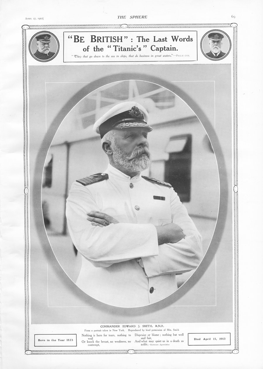 Portret van en eerbetoon aan commandant Edward J. Smith, kapitein van de White Star Liner RMS Titanic, uit The Sphere, 27 april 1912 door English School
