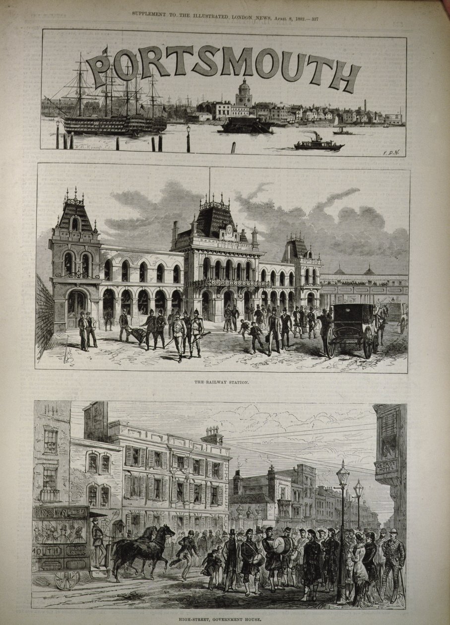 Portsmouth: Het treinstation en de hoofdstraat, Government House, uit 