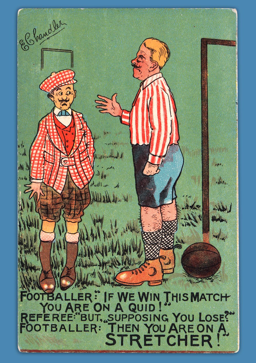 Prentbriefkaart met een karikatuur van een Spaanse voetballer door English School