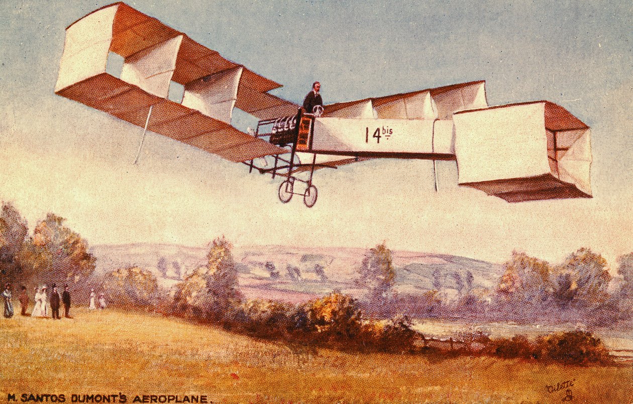Ansichtkaart met de Santos-Dumont 14-bis vliegtuig, c.1910 door English School