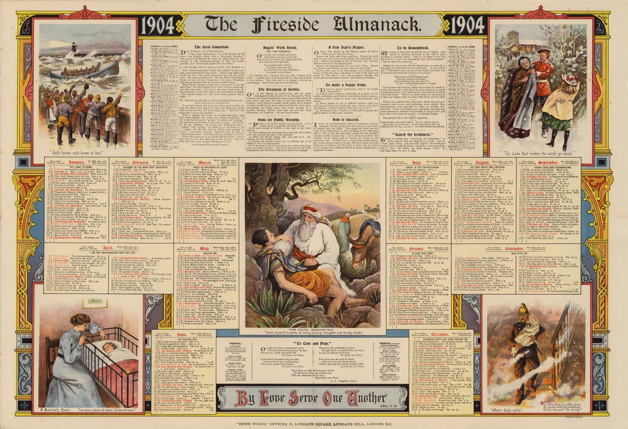 Poster uitgegeven bij The Fireside Almanack voor 1904 (kleurenlitho) door English School
