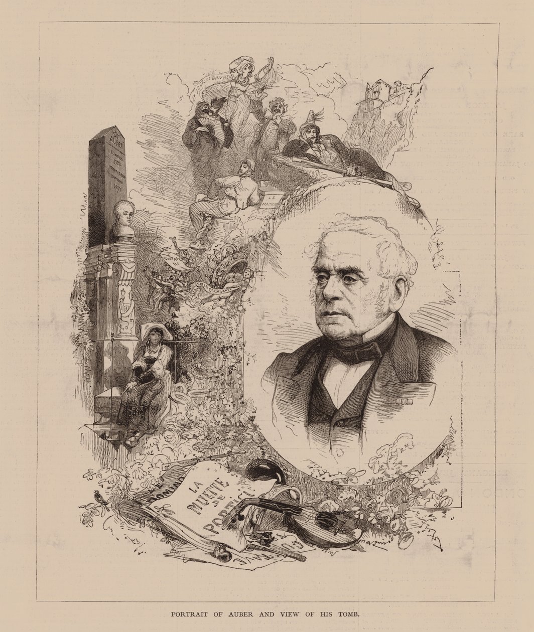 Potret van Auber en Gezicht op zijn Graf (gravure) door English School