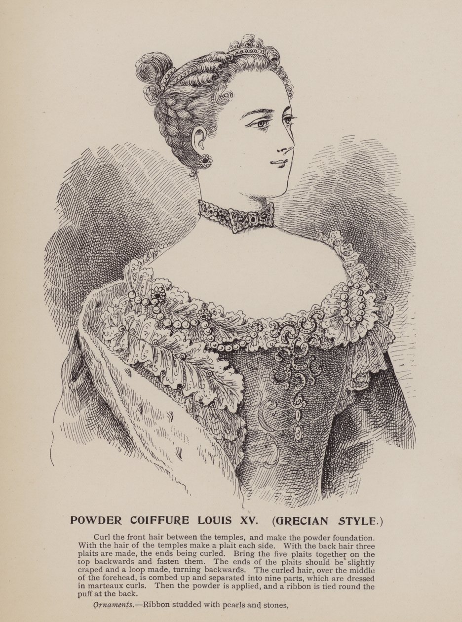 Poedercoiffure Louis XV, Griekse stijl (gravure) door English School
