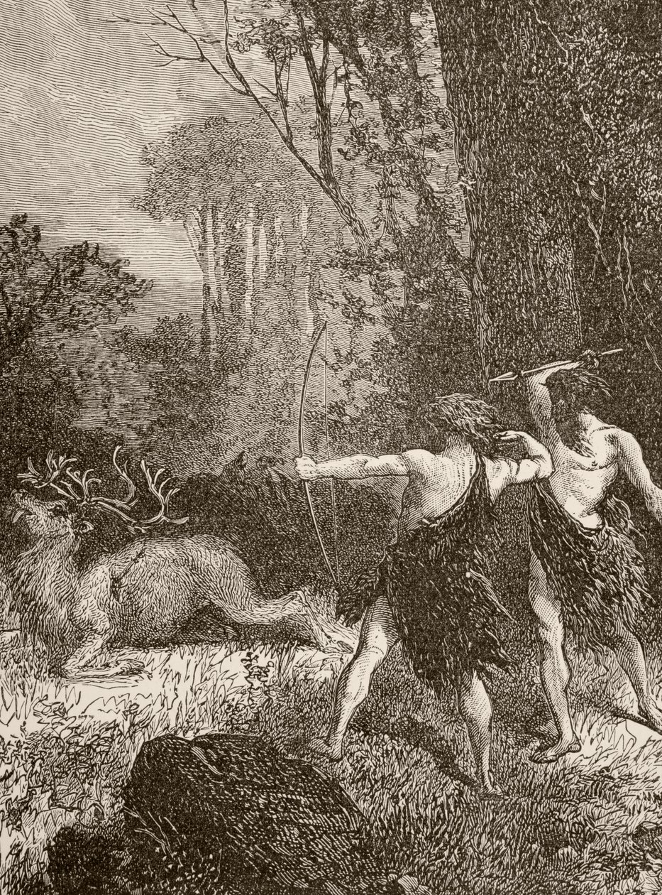 Prehistorische mens die jaagt met boog en pijl en speer door English School