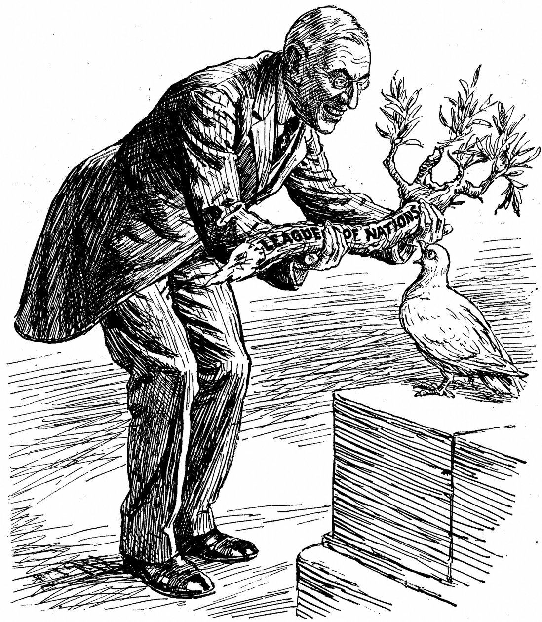President Wilson geeft de Vredesduif een olijftak met het opschrift 