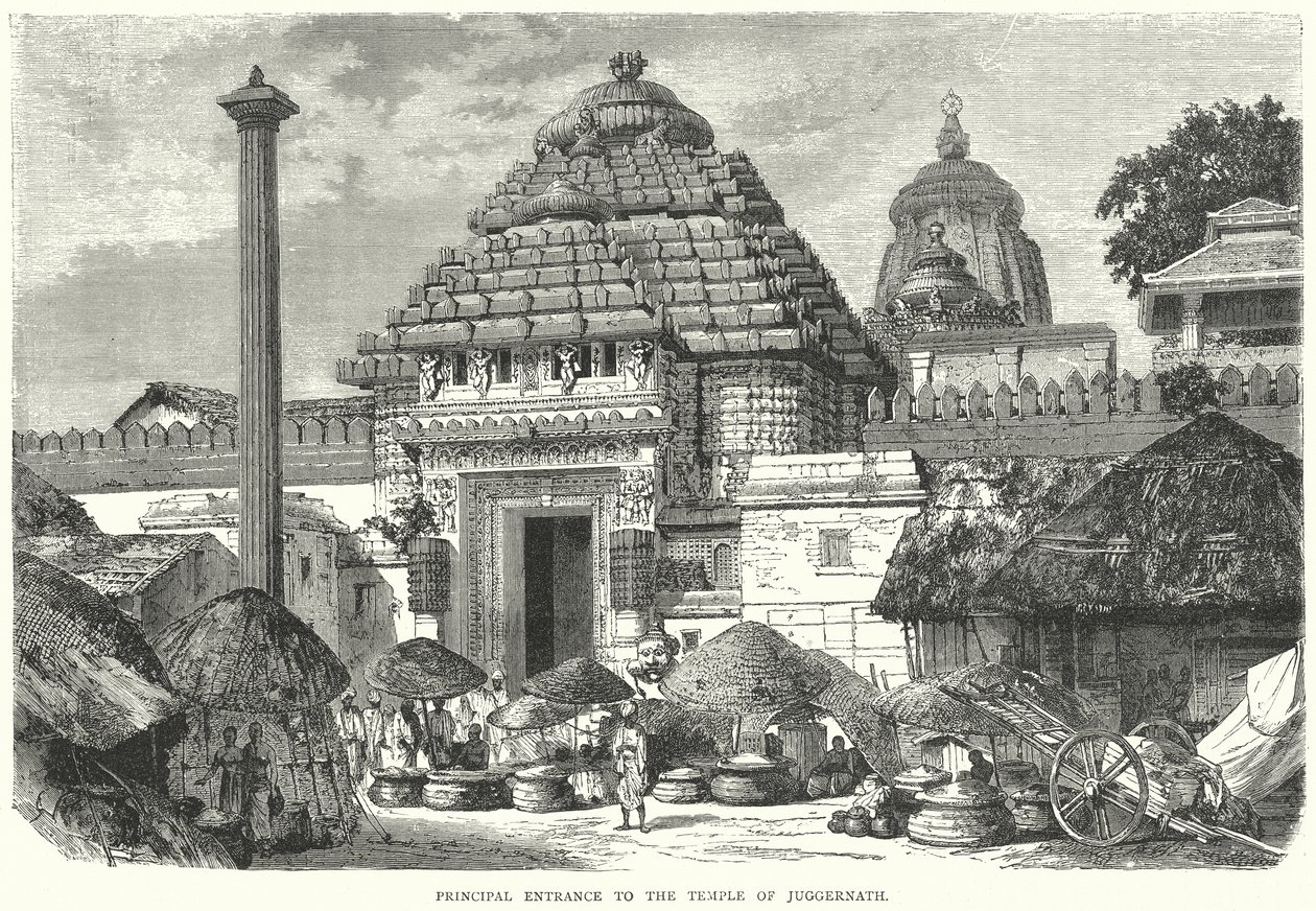 Hoofdingang van de Tempel van Juggernath (gravure) door English School