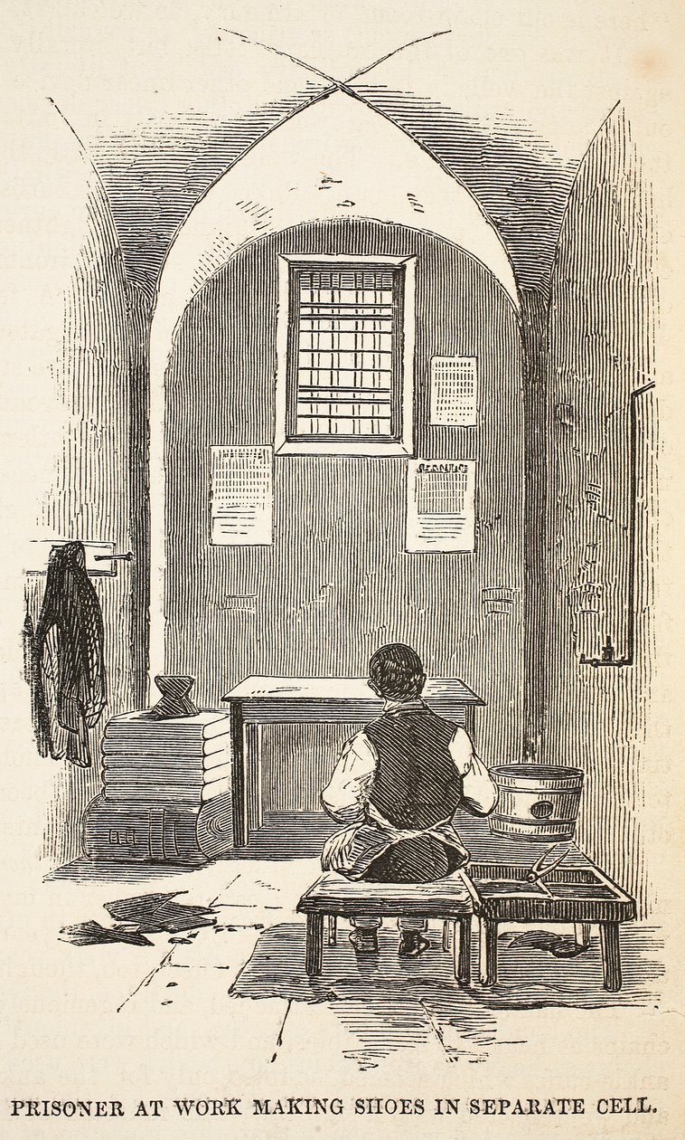 Gevangene aan het werk schoenen maken in aparte cel, illustratie uit The Criminal Prisons of London and Scenes from Prison Life door Henry Mayhew en John Binny, uitgegeven in 1862 door English School