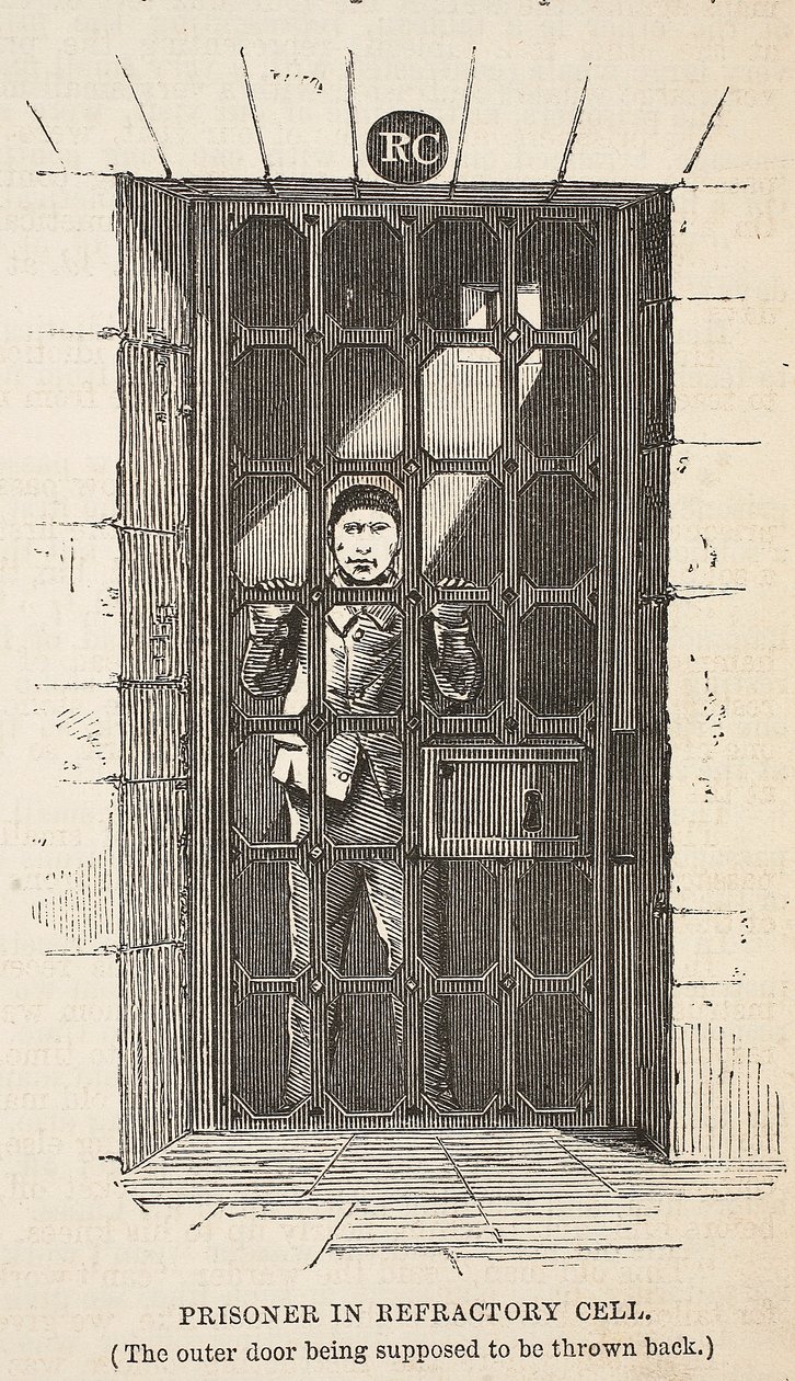 Gevangene in Refractory cel (de buitendeur wordt verondersteld open te staan), illustratie uit The Criminal Prisons of London and Scenes from Prison Life door Henry Mayhew en John Binny, uitgegeven in 1862 door English School