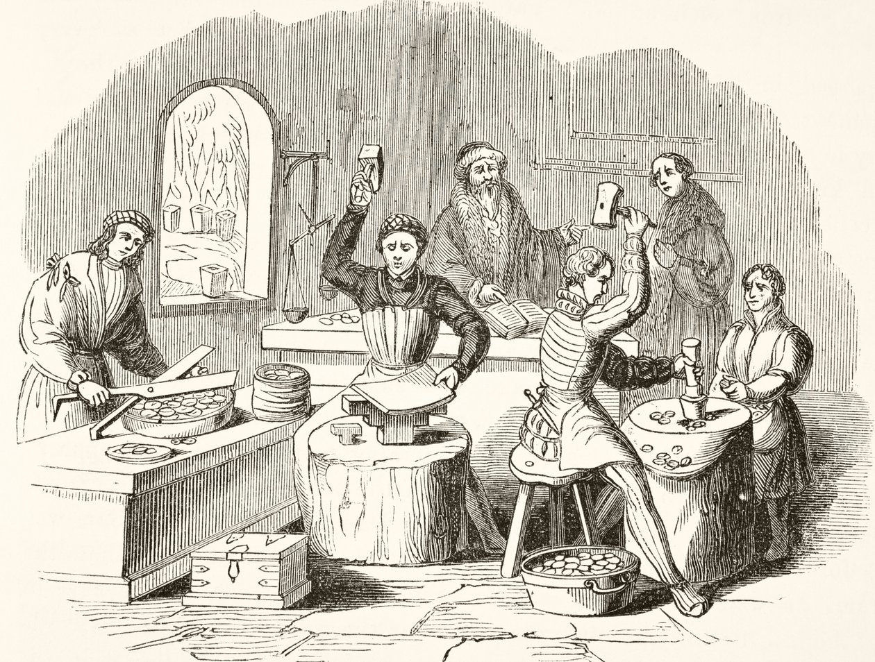 Proces van munten slaan in de 16e eeuw, uit The National and Domestic History of England door William Hickman Smith Aubrey (1858-1916) gepubliceerd in Londen, ca. 1890 door English School