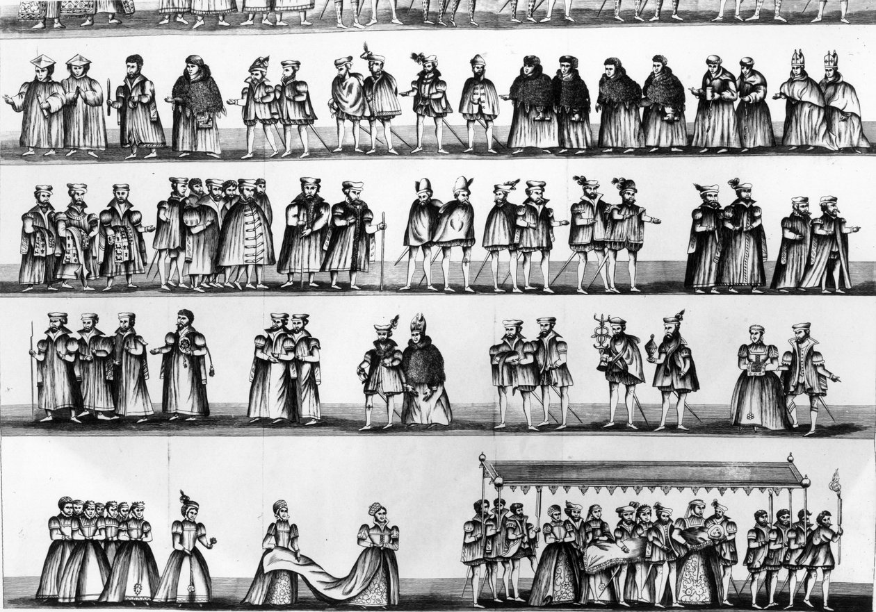 Processie bij de Doop van Prins Arthur, zoon van Hendrik VII, gegraveerd in 1782 door English School