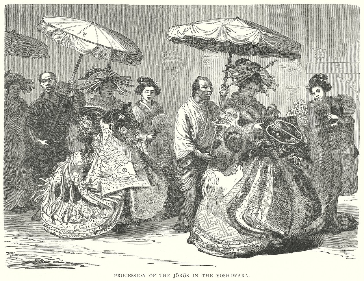 Processie van de Joros in de Yoshiwara (gravure) door English School