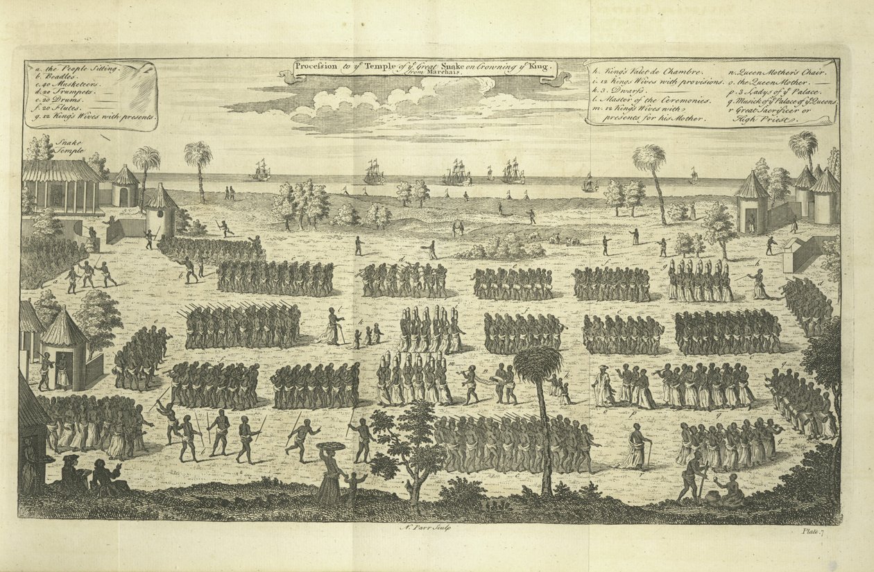 Processie naar de Tempel van de Grote Slang bij de kroning van de Koning, illustratie uit 