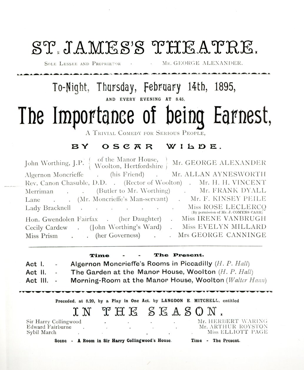 Programma voor een uitvoering van Het Belang van Ernst, door Oscar Wilde in het St. James Theatre, 14 februari 1895 door English School