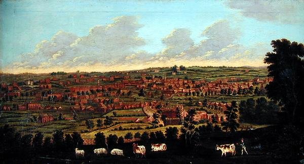 Uitzicht op een Stad, met vee en herders op de voorgrond door English School