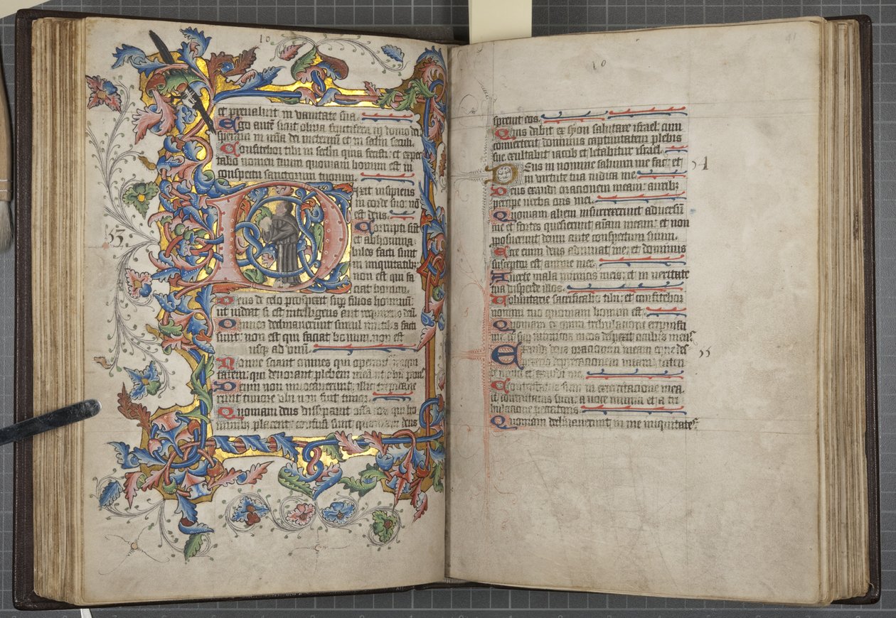 Psalter met Sarum gebruikskalender, Fol 40 verso 41 recto, ca. 1425-75 (inkt, verf en goud op perkament) door English School