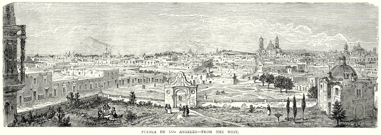 Puebla de Los Angeles - Vanuit het westen (gravure) door English School
