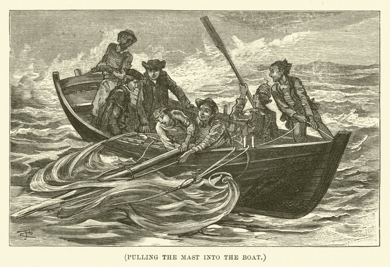 De mast in de boot trekken (gravure) door English School
