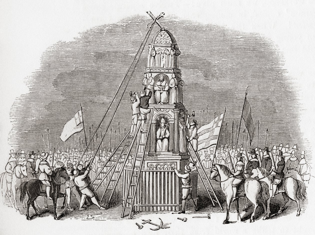 Puriteinen vernietigen het Cheapside Cross, ook bekend als Eleanor Cross, Londen, Engeland in 1643, uit Old England: A Pictorial Museum, uitgegeven 1847 door English School