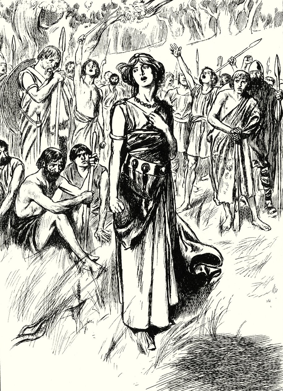 Koningin Boadicea en haar soldaten (litho) door English School