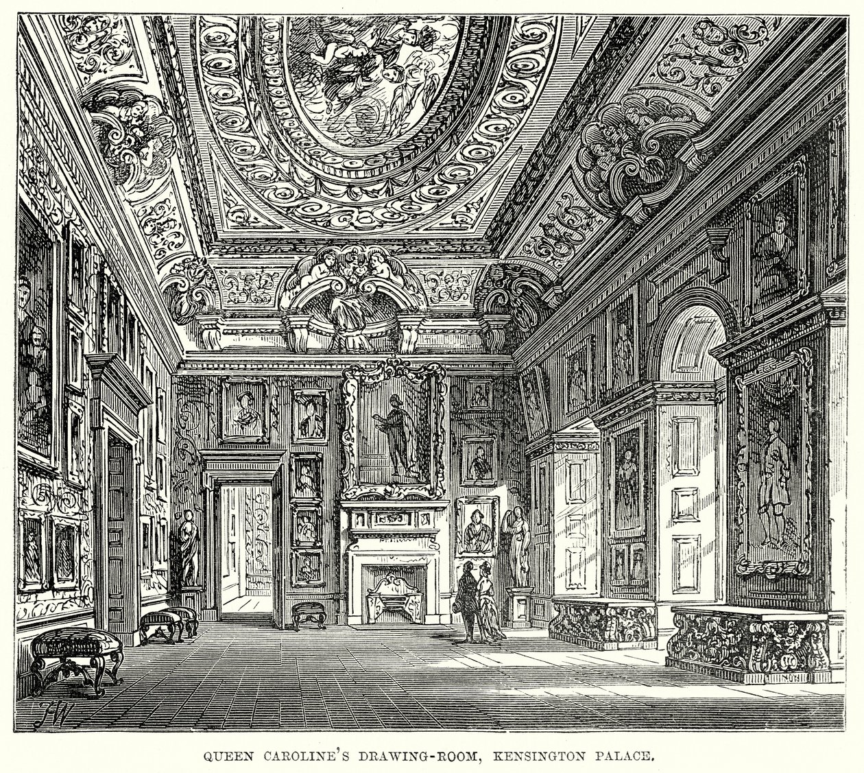 De tekenkamer van koningin Caroline, Kensington Palace (gravure) door English School