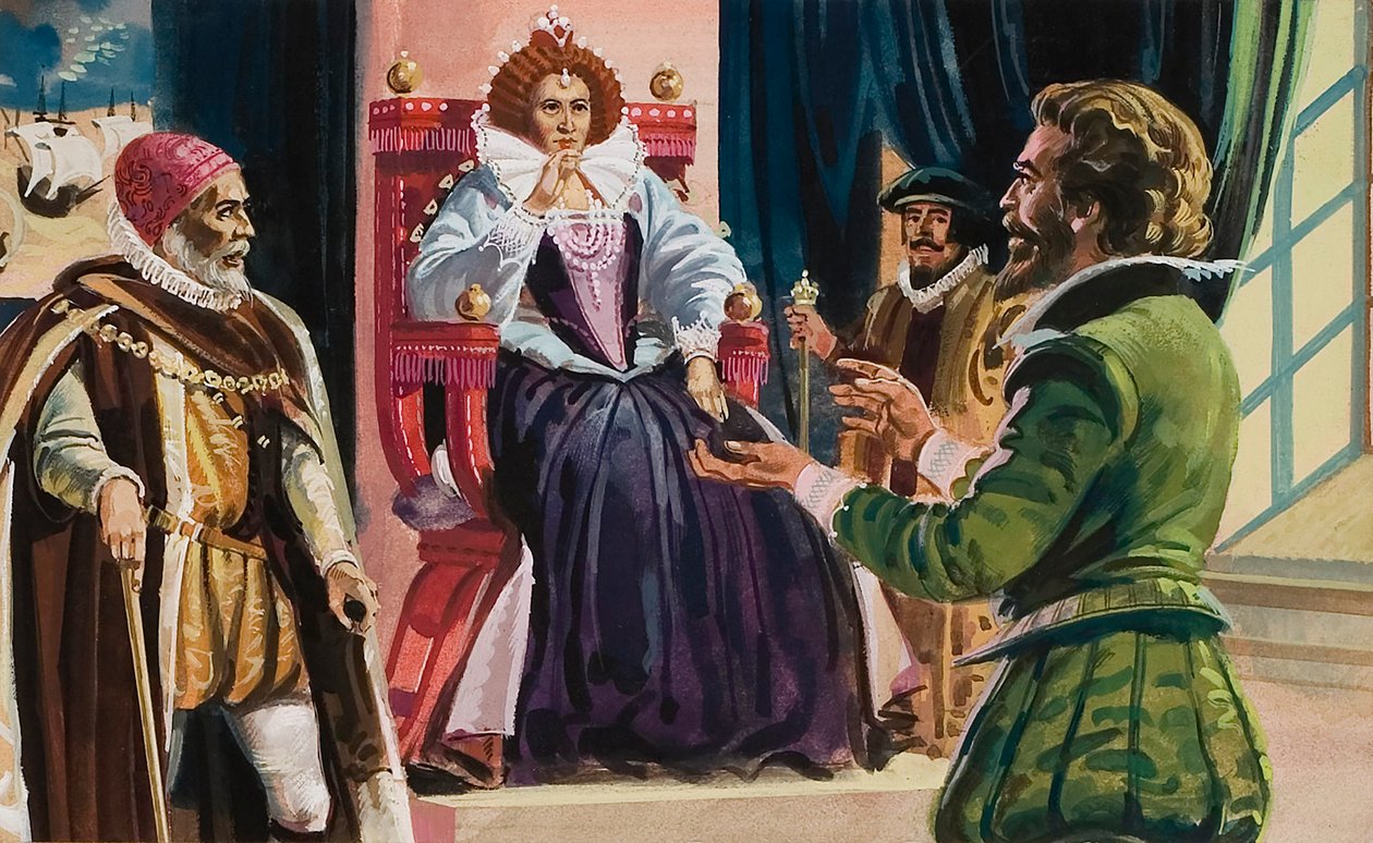 Koningin Elizabeth I (1533-1603) en Sir Francis Drake (1540-96) (gouache op papier) door English School