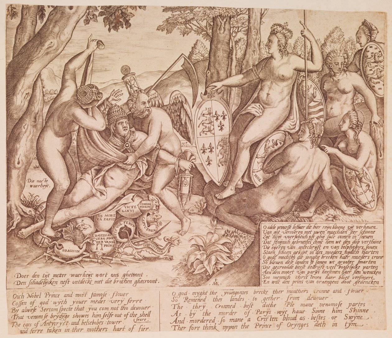 Koningin Elizabeth I van Engeland als de godin Diana, zittend in oordeel over paus Gregorius XIII door English School
